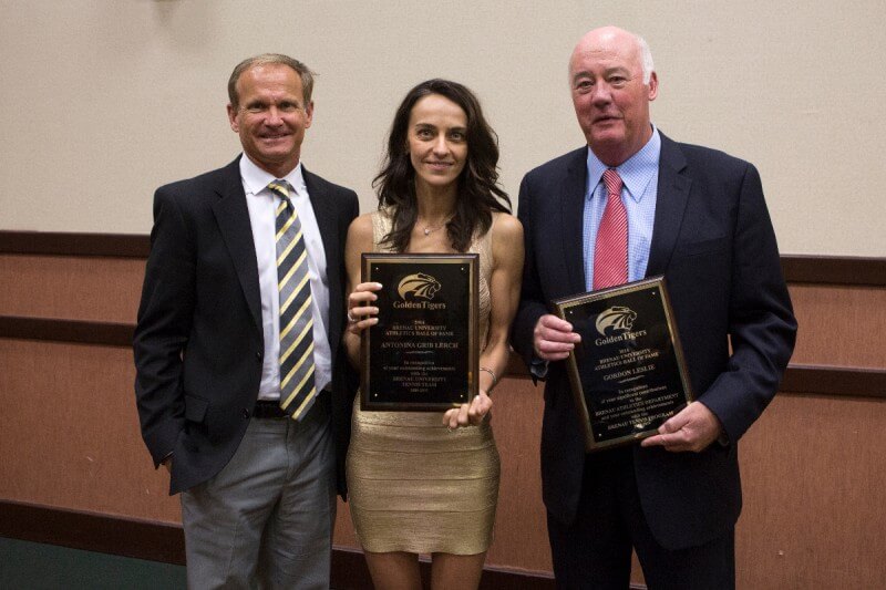 Brenau Director of Athletics Mike Lochstampfor, left, Antonina Lerch and former Brenau tennis coach Gordon Leslie at the 2014 Hall of Fame luncheon.