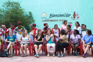 Brenau MSOT students Chelsea Evans, Beth Babione, Anne Cahill, Rashanda Knight and Laria Lindsay share a moment with residents of a senior center in Ticul where the abuelas, grandmothers, staged a traditional Yucatecan dance.
