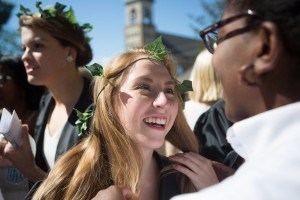 Emily Burgess, an organizational leadership major, center, smiles after being crowned by Dana Cole, a biology major, during the Brenau University Alumnae Reunion Weekend on Saturday, April 16, 2016, in Gainesville, Ga. (AJ Reynolds/Brenau University)