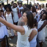Allie Smith, a mass communication major, takes a selfie with her junior classmates during the Brenau University Alumnae Reunion Weekend on Saturday, April 16, 2016, in Gainesville, Ga. (AJ Reynolds/Brenau University)