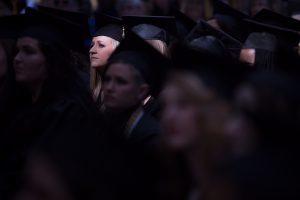 Brittany Daniel, WC '16, listens to the commencement address during The Women's College Commencement on Friday, May 6, 2016, in Gainesville, Ga. (AJ Reynolds/Brenau University)