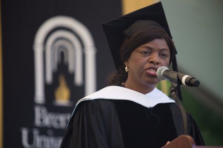 Annie B. Andrews, retired Rear Admiral in the United States Navy and Assistant Administrator for Human Resources Management with the Federal Aviation Administration, delivers the commencement address during The Women's College Commencement on Friday, May 6, 2016, in Gainesville, Ga. (AJ Reynolds/Brenau University)