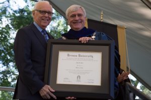John S. Burd, former Brenau President, poses for a photo with Brenau President Ed Schrader after receiving an honorary degree during The Women's College commencement on Friday, May 6, 2016, in Gainesville, Ga. (AJ Reynolds/Brenau University)
