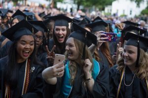 Graduates pose for photos after flipping their tassels during The Women's College commencement on Friday, May 6, 2016, in Gainesville, Ga. (AJ Reynolds/Brenau University)