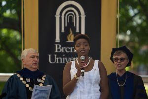 Anna-Marie Jordan, a music major, sings during The Women's College commencement on Friday, May 6, 2016, in Gainesville, Ga. (AJ Reynolds/Brenau University)