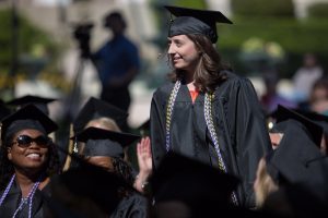 Lauren Gooch, WC '16, walks to the stage as a co-winner of the Cora Anderson Hill Academic Award during The Women's College commencement on Friday, May 6, 2016, in Gainesville, Ga. (AJ Reynolds/Brenau University)