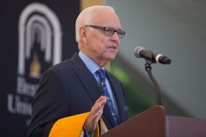 John S. Burd, former Brenau President, speaks afer receiving an honorary degree during The Women's College commencement on Friday, May 6, 2016, in Gainesville, Ga. (AJ Reynolds/Brenau University)