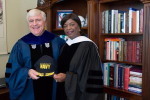 Brenau President Ed Schrader poses for a photo with Annie B. Andrews, retired Rear Admiral in the United States Navy and Assistant Administrator for Human Resources Management with the Federal Aviation Administration, during The Women's College commencement on Friday, May 6, 2016, in Gainesville, Ga. (AJ Reynolds/Brenau University)