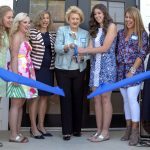 Alpha Delta Pi Sisters Sara Jane Bowers, from left, Cassidy Collier, Jan Maisch, international vice president of collegiate membership, Carole Ann Daniel, a Brenau Trustee and past Lambda President, Katelyn Brown, Maggie Griffin and Kelley Robertson, the Lambda Chapter's advisor, cut the ribbon on the Alpha Delta Pi sorority house during the Brenau University Alumnae Reunion Weekend on Saturday, April 16, 2016, in Gainesville, Ga. (AJ Reynolds/Brenau University)