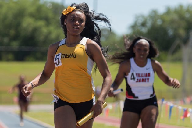 Brenau's Deishane' Honeycutt runs the anchor leg of a first place 4x400 relay during the final day of the SSAC Outdoor Track & Field Championship. (AJ Reynolds/Brenau University)
