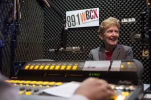 Clara Martin takes part in an interview at WBCX, the radio station she helped establish at Brenau.