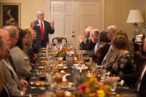 Brenau President Ed Schrader speaks with guests before a dinner preceding Beyond the Talking Points: What Election 2016 Really Means to Women. The discussion was a part of the Douglas and Kay Ivester Programming Series at the university. (AJ Reynolds/Brenau University)