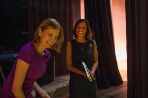 Kristen Soltis Anderson, a Republican pollster and strategist, and Maria Teresa Kumar, Democratic commentator and CEO of Voto Latino, laugh backstage before Beyond the Talking Points: What Election 2016 Really Means to Women. The discussion was a part of the Douglas and Kay Ivester Programming Series at the university. (AJ Reynolds/Brenau University)Beyond the Talking Points: What Election 2016 Really Means to Women. The discussion was a part of the Douglas and Kay Ivester Programming Series at the university. (AJ Reynolds/Brenau University)