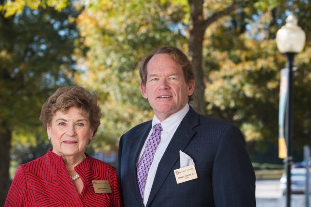 Betty Norton and her son Frank Norton Jr. pose for a photo outside the John S. Burd Center for the Performing Arts. Both are members of the Brenau Board of Trustees. (AJ Reynolds/Brenau University)