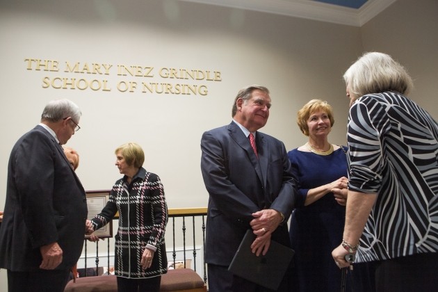 Douglas Ivester, center, and Kay Ivester greet attendees during the dedication of the Mary Inez Grindle School of Nursing. (AJ Reynolds/Brenau University)