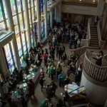 Attendees gather in the lobby of the John S. Burd Center for the Performing Arts for a tea break during the 4th Annual Women's Leadership Colloquium on Friday, March 17, 2017. (AJ Reynolds/Brenau University)