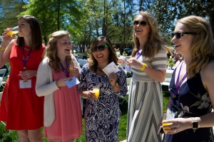 Marjorie Edenfield, WC '12, Abbey Benson, WC '16, Annie Johnston, WC '12, Katey Williams, WC '14, and Katie Barth WC '14, laugh at the Champagne Brunch. (AJ Reynolds/Brenau University)