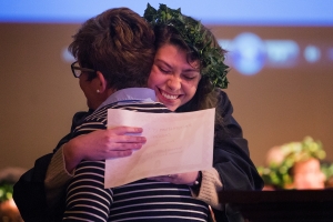 Bethany Green hugs Tami English after receiving an award during the Class Day ceremony. (AJ Reynolds/Brenau University)