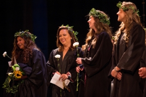 From left to right, Nancy Benitez, Cassidy Collier, Katelyn Brown and Pam Konken react on the stage during Class Day. (AJ Reynolds/Brenau University)