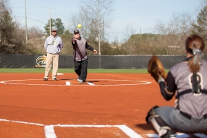 Brenau President Ed Schrader throws out the ceremonial first pitch before the opening double header at the Pacolet Milliken Field at the Ernest Ledford Grindle Athletics Complex between the Brenau Golden Tigers and Talladega College. (AJ Reynolds/Brenau University)