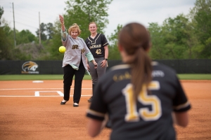 Kay Ivester throws out the ceremonial first pitch before a doubleheader between Brenau and Faulkner University. The ceremonial first pitch concluded a celebration of the first year of Brenau softball games at the Ernest Ledford Grindle Athletics Park. (AJ Reynolds/Brenau University)