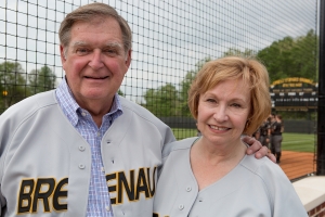 Doug and Kay Ivester pose for a photo at the Pacolet Milliken Field in the Ernest Ledford Grindle Athletics Park. The park is named for Kay's Father. (AJ Reynolds/Brenau University)