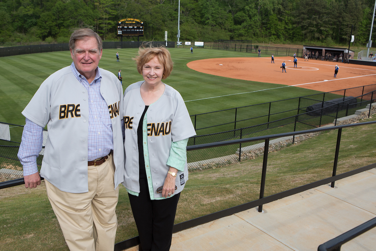Doug and Kay Ivester pose for a photo at the Pacolet Milliken Field in the Ernest Ledford Grindle Athletics Park. The park is named for Kay's Father.(AJ Reynolds/Brenau University)