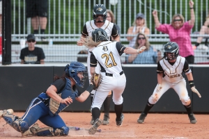 Brenau infielder Mason Garland, a junior from Hoschton, Ga., makes it home safely as Brenau women’s softball takes on College of Coastal Georgia in Southern States Athletic Conference (SSAC) at Ernest Ledford Grindle Athletic Park, Friday, April 21, 2017. Brenau defeated Coastal 3-2 sealing their undefeated season. (Photo/ John Roark, for Brenau University)