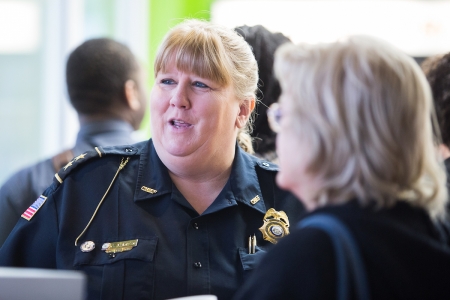 Gainesville Chief of Police Carol Martin, WC '88, talks with some attendees during a Coffee With A Cop event. (AJ Reynolds/Brenau University)