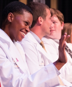 Chandy Henson waves during the White Coat Ceremony for members of the Brenau Doctor of Physical Therapy Class of 2020. (AJ Reynolds/Brenau University)