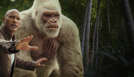 Dwayne Johnson's character Davis Okoye with gorilla George in New Line Cinema's action adventure 'Rampage,' which was partially filmed on the Brenau University campus. (Courtesy of Warner Bros. Pictures/Brenau photo illustration.)