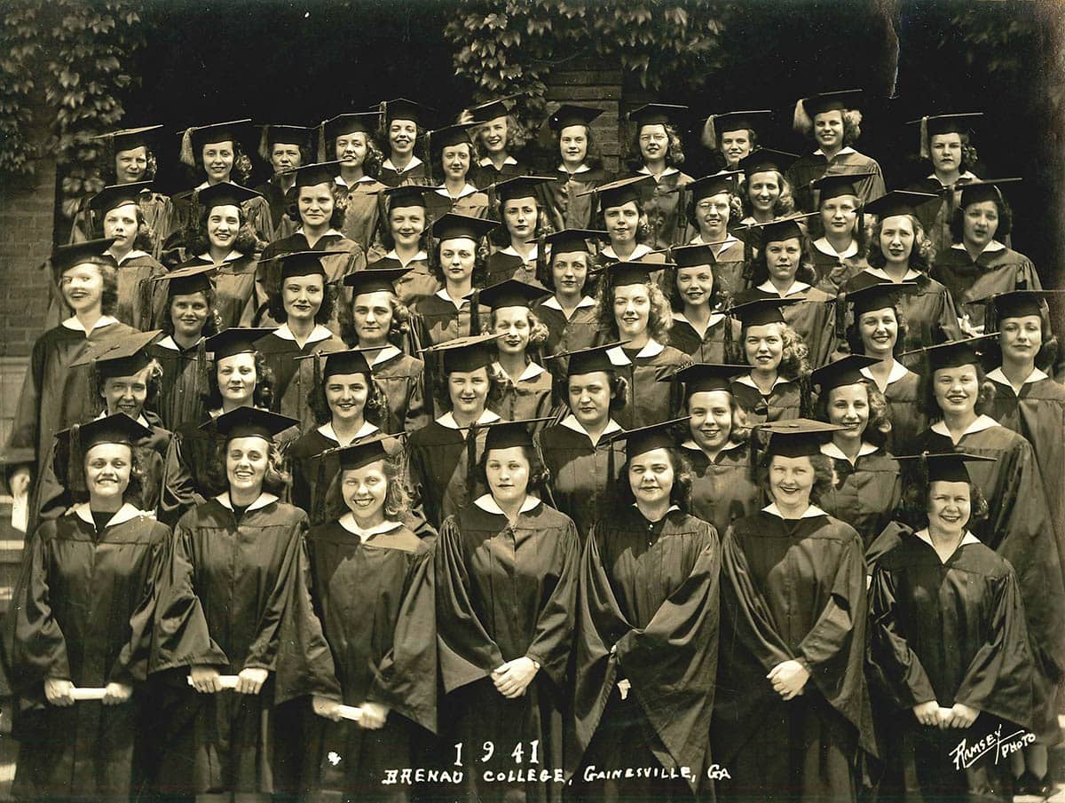 Women in caps and gowns. Caption reads "1941, Brenau College, Gainesville, GA"