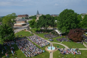 Commencement ceremony as seen from the roof of Pearce Auditorium